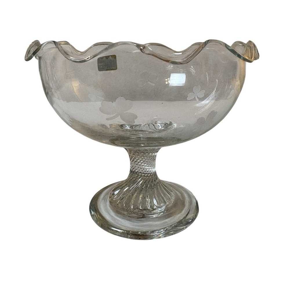 Eamon Glass Ireland Irish Ruffle Pedestal Candy Dish Clovers Compote